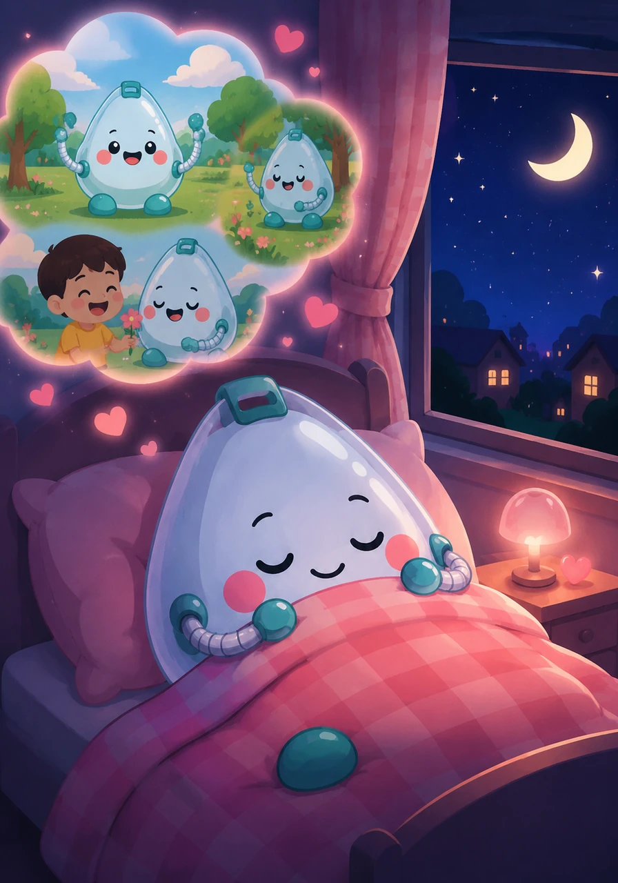 Night falls, and Oxy settles into a comfortable, cozy spot to sleep. Surrounded by a soft pink checkerboard glow and floating hearts, Oxy dreams of tomorrow's adventures. They promise to return with more fresh air and kindness when the sun rises again.