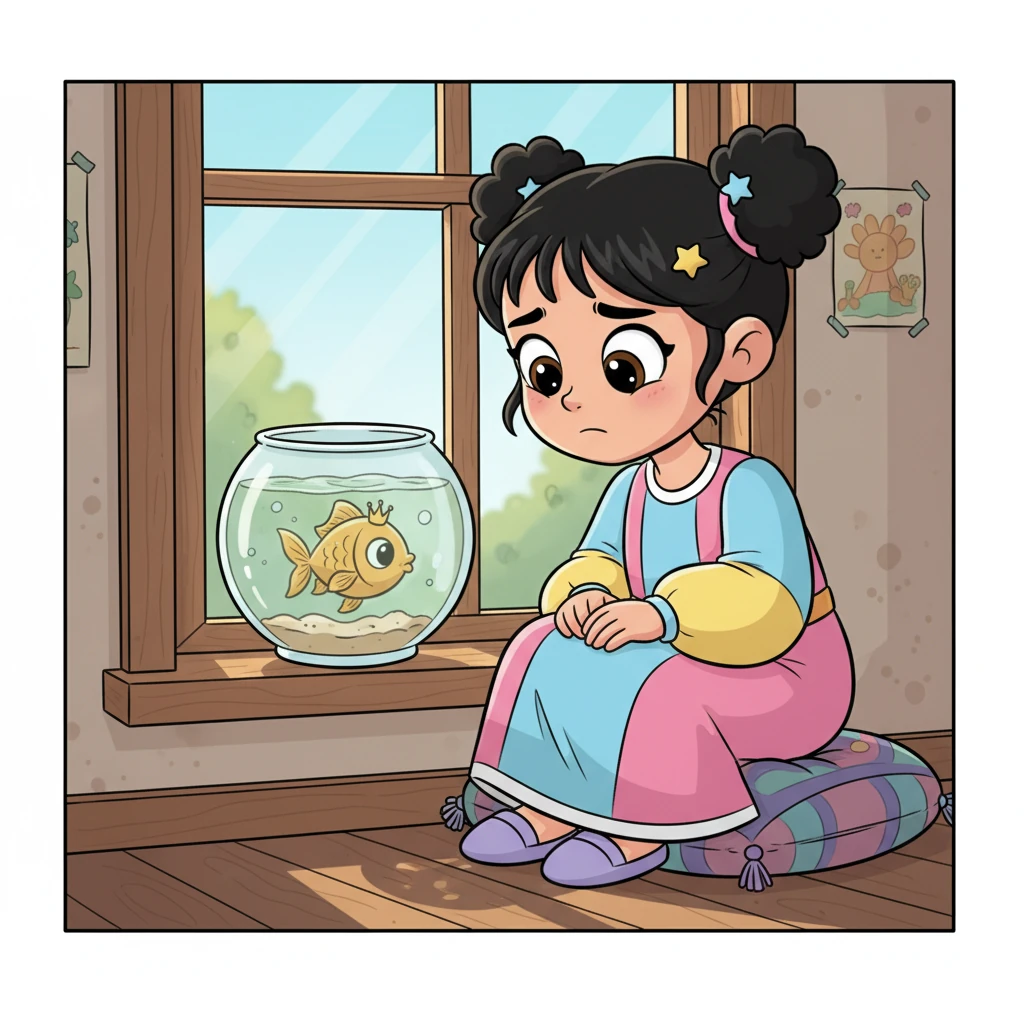 كانت بسمة تجلس بجانب نافذة غرفتها، تتأمل سمكة ذهبية صغيرة وحيدة تسبح ببطء في حوض زجاجي قديم. بدت السمكة حزينة بعض الشيء، وكانت المياه في حوضها بحاجة إلى تنظيف.