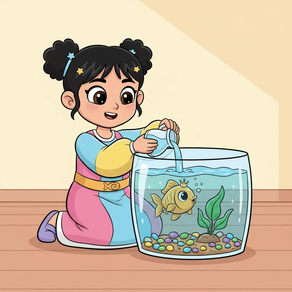 بقلب مليء بالرحمة، قررت بسمة أن تساعد السمكة الذهبية. قامت بتنظيف الحوض بعناية فائقة وملأته بماء نقي وجميل، ثم أضافت بعض الحصى الملونة ونباتًا صغيرًا. بدأت السمكة تسبح بسعادة وحيوية في بيتها الجديد اللامع.