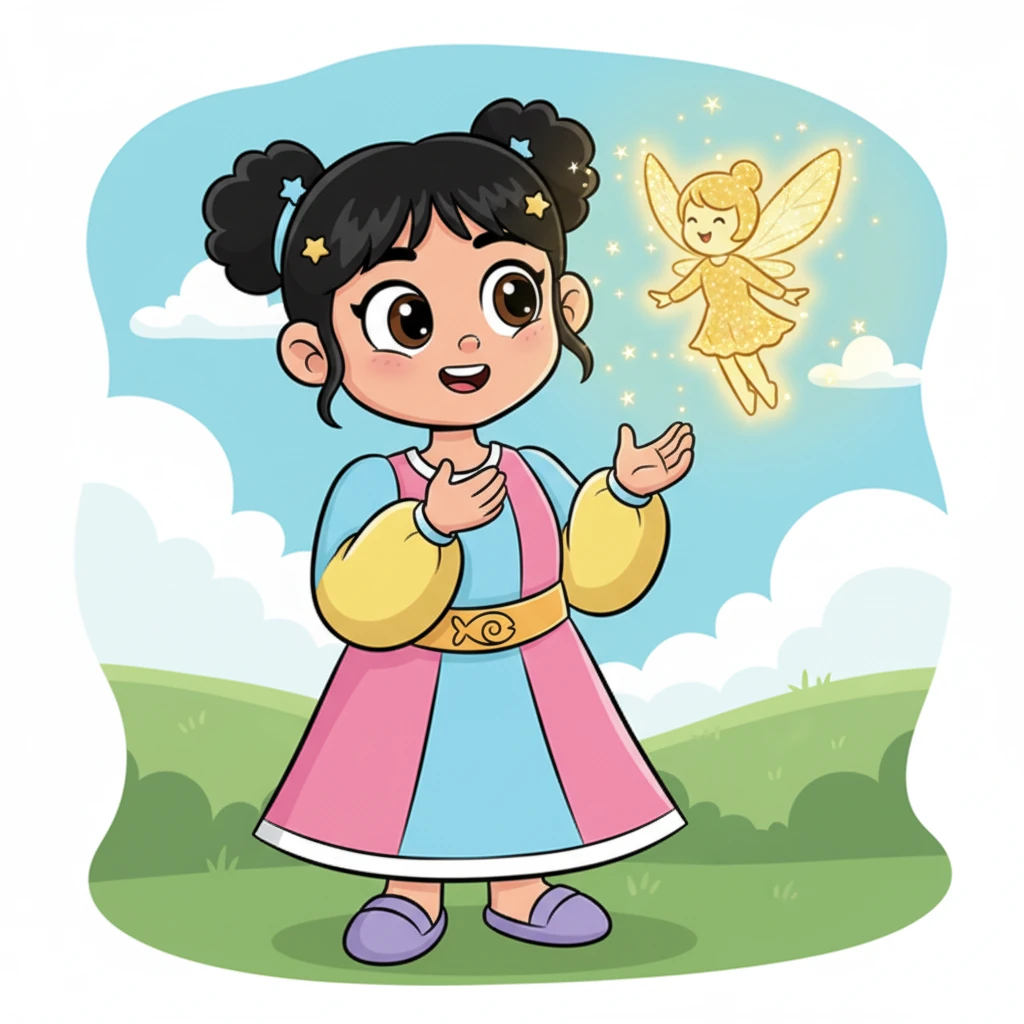 فجأة، بدأت السمكة الذهبية تتوهج بضوء سحري مبهر، ثم تحولت إلى كائن ذهبي صغير متلألئ يشبه الجنية، يرفرف بجناحين شفافين. طارت الجنية الذهبية حول بسمة وشكرتها بصوت رقيق.