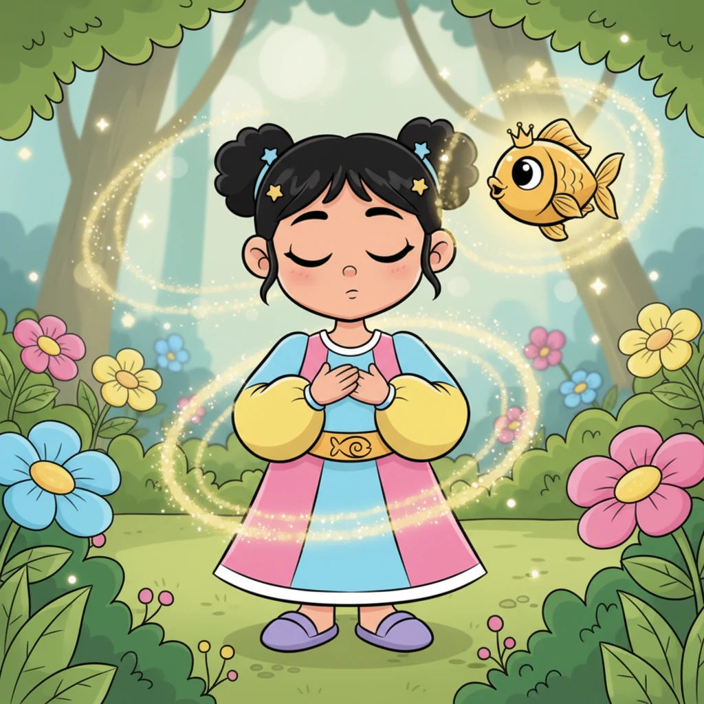 سألت الجنية الذهبية بسمة عن أمنيتها الأعمق، كهدية على لطفها. فكرت بسمة للحظة، ثم قالت إنها تتمنى أن تكون قوية وشجاعة لتساعد الآخرين وتحمي من هم في حاجة للمساعدة.