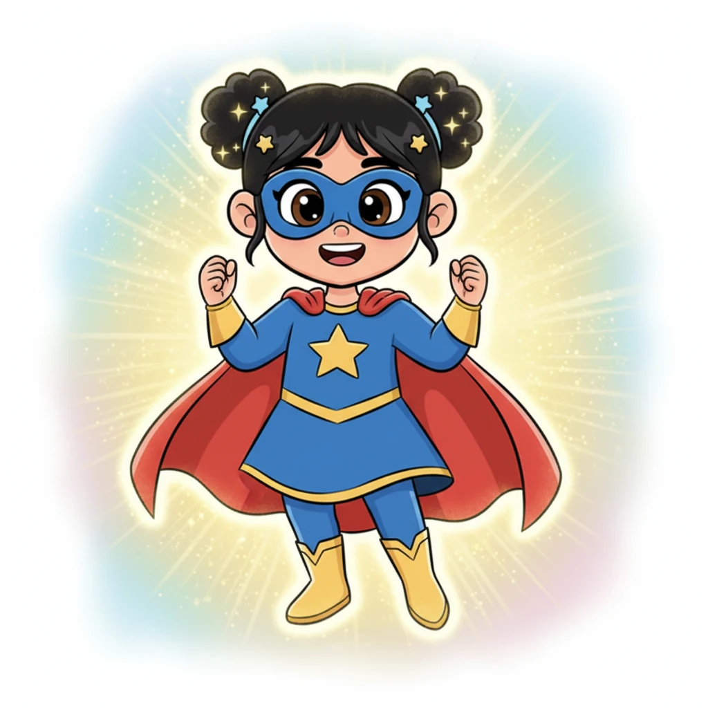 وفي لمح البصر، أحاطت بسمة هالة ذهبية متلألئة، وتحولت ملابسها العادية إلى زي بطلة خارقة زاهي الألوان، مع قناع أنيق وعباءة ترفرف. شعرت بسمة بقوة جديدة تسري في عروقها.