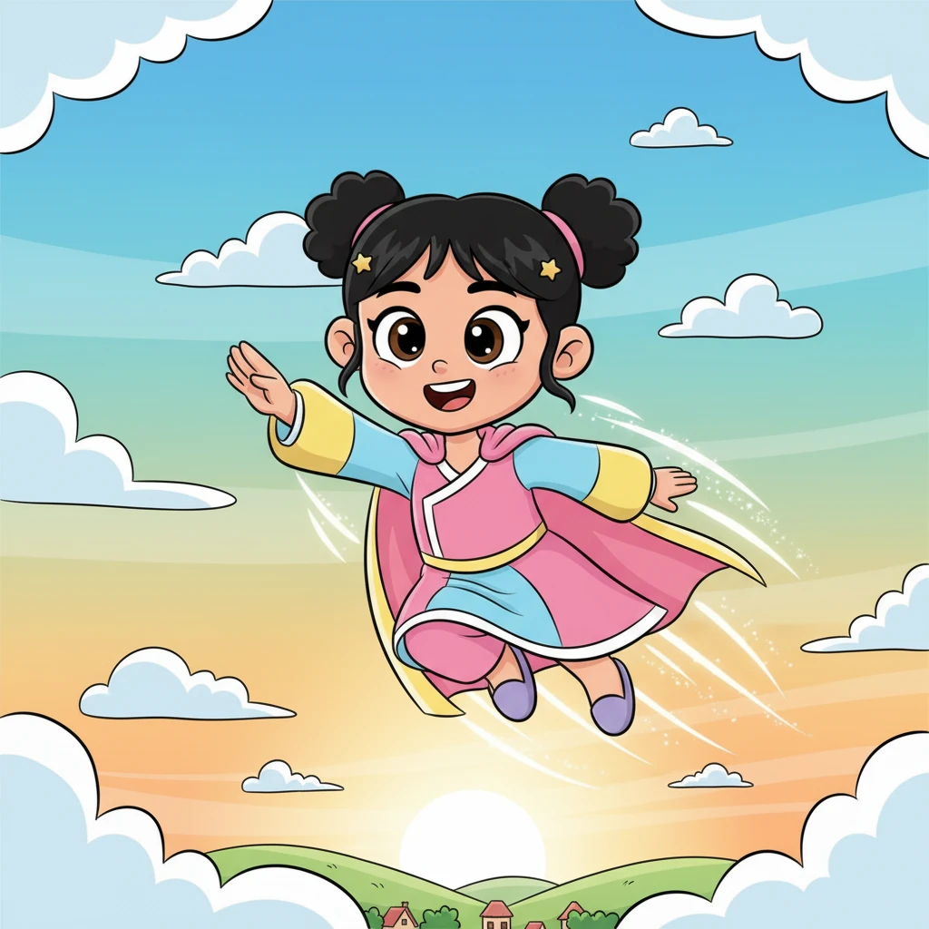 اكتشفت بسمة، التي أصبحت الآن البطلة بسمة، أنها تستطيع الطيران بسرعة البرق والتحليق برشاقة في الهواء. بدأت تتدرب على قواها الجديدة، تقفز وتطير بابتهاج وسعادة غامرة.