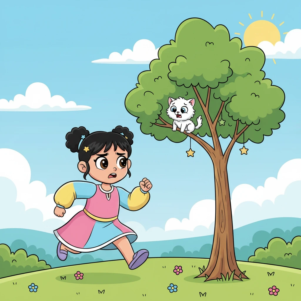 سمعت بسمة صرخة استغاثة قادمة من بعيد: كان هناك هر صغير عالقًا على غصن شجرة عالية ولا يستطيع النزول. انطلقت البطلة بسمة بسرعة لإنقاذ الهر المسكين.