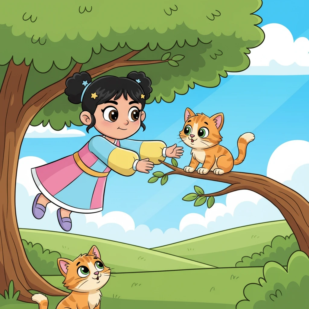 باستخدام سرعتها وقدرتها على الطيران، حلقت بسمة برشاقة نحو الشجرة. مدت يدها بلطف لتمسك بالهر الخائف، وأنزلته بأمان إلى الأرض الصلبة.