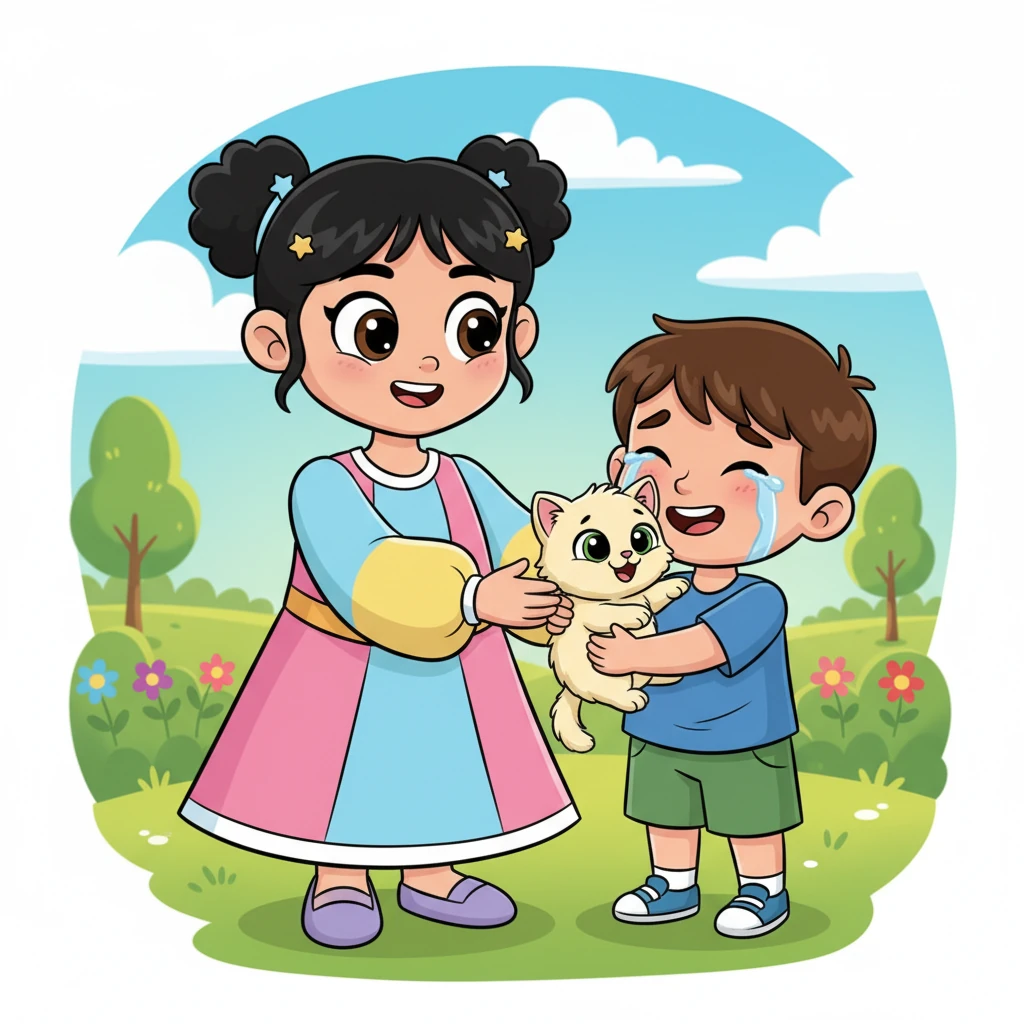 أعادت بسمة الهر الصغير إلى صاحبه، طفل صغير كان يبكي بحرقة. عانق الطفل هره المواء بسعادة، وشكر البطلة بسمة بحرارة على إنقاذها لصديقه ذي الفراء.