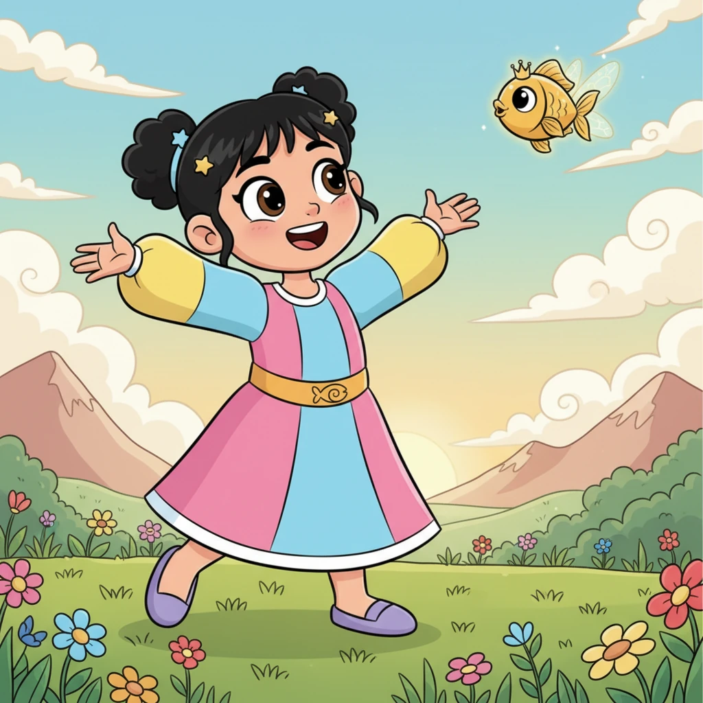 ابتسمت بسمة ابتسامة عريضة، وقلبها يمتلئ بالدفء والسعادة. لقد تحققت أمنيتها وأصبحت بطلة حقيقية، جاهزة لمغامرات أخرى، بينما كانت صديقتها الجنية الذهبية تراقبها من بعيد بفخر.