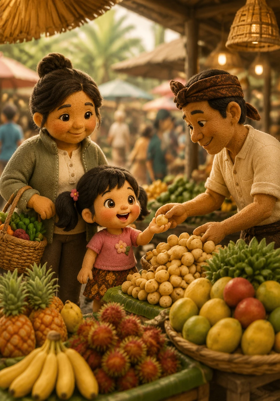 Aroma manis tiba-tiba tercium saat mereka melewati deretan buah-buahan tropis yang ranum. Penjual buah yang baik hati memberikan sebutir duku manis kepada Sari, membuat senyum bocah itu mengembang lebar.