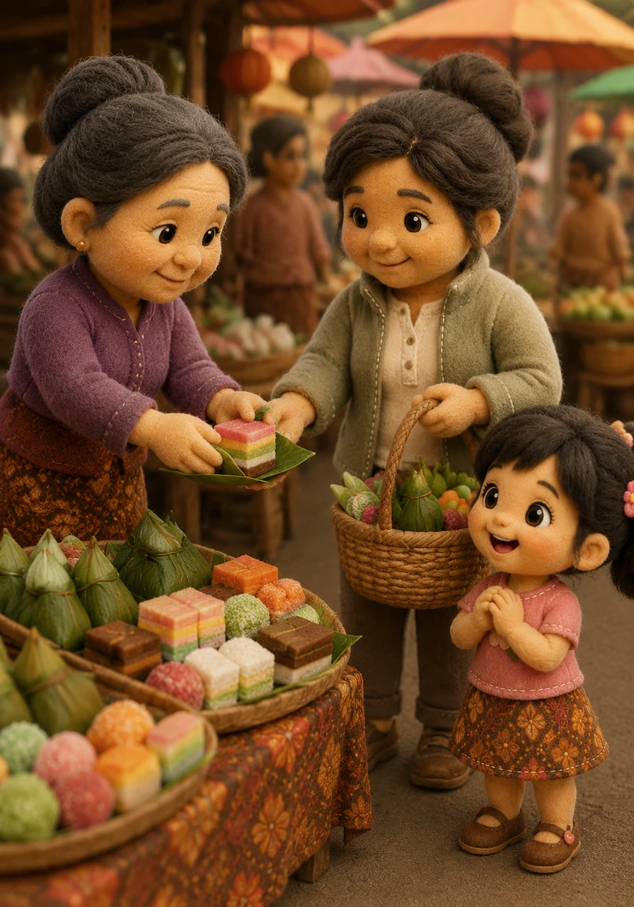 Di tengah pasar, Sari terpaku melihat seorang nenek pembuat kue tradisional yang cekatan membungkus jajanan pasar. Ibu membelikan Sari sepotong kue lapis warna-warni yang terlihat sangat lezat sebagai hadiah karena telah menjadi anak yang hebat.