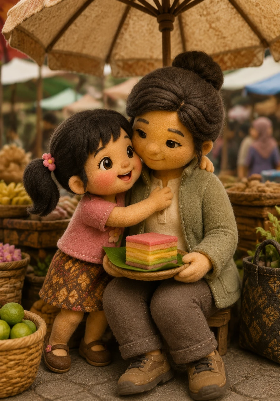 Sebelum pulang, mereka berdua beristirahat sejenak di sudut pasar sambil menikmati kue lapis yang dibeli tadi. Di bawah teduhnya payung pasar, Sari memeluk Ibu dan berterima kasih atas petualangan belanja yang sangat seru ini.