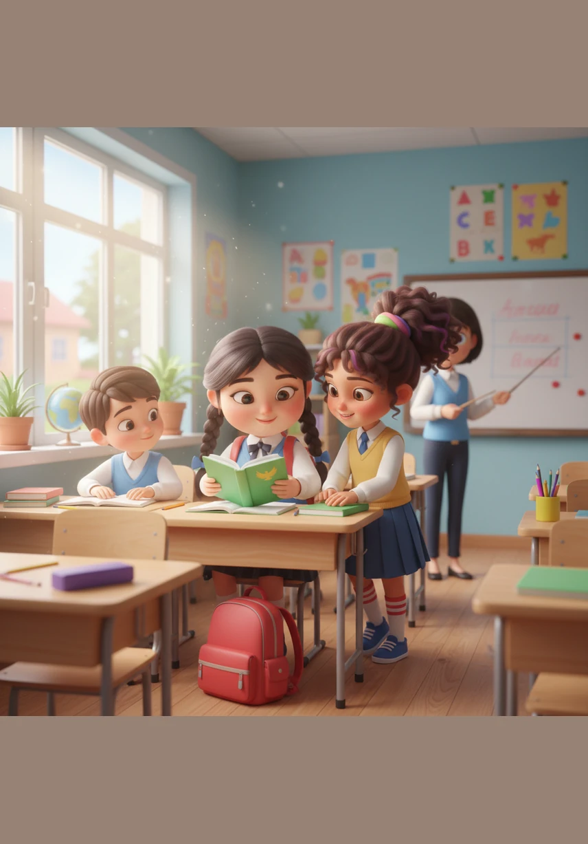 Алуа ашық түсті, заманауи сынып ішінде өзінің жаңа оқу жобасын бастауға дайындалып отыр. Оның алдында ашық кітаптар мен оқу құралдары жинаулы тұр.