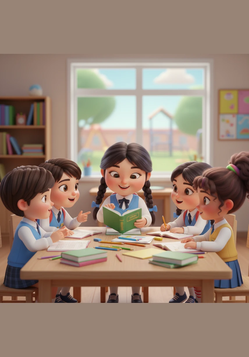 Алуа мен оның сыныптастары үлкен үстел басына жиналып, топтық жұмысқа кіріседі. Олар бір-бірінің пікірін тыңдап, қызу пікір алмасу үстінде.