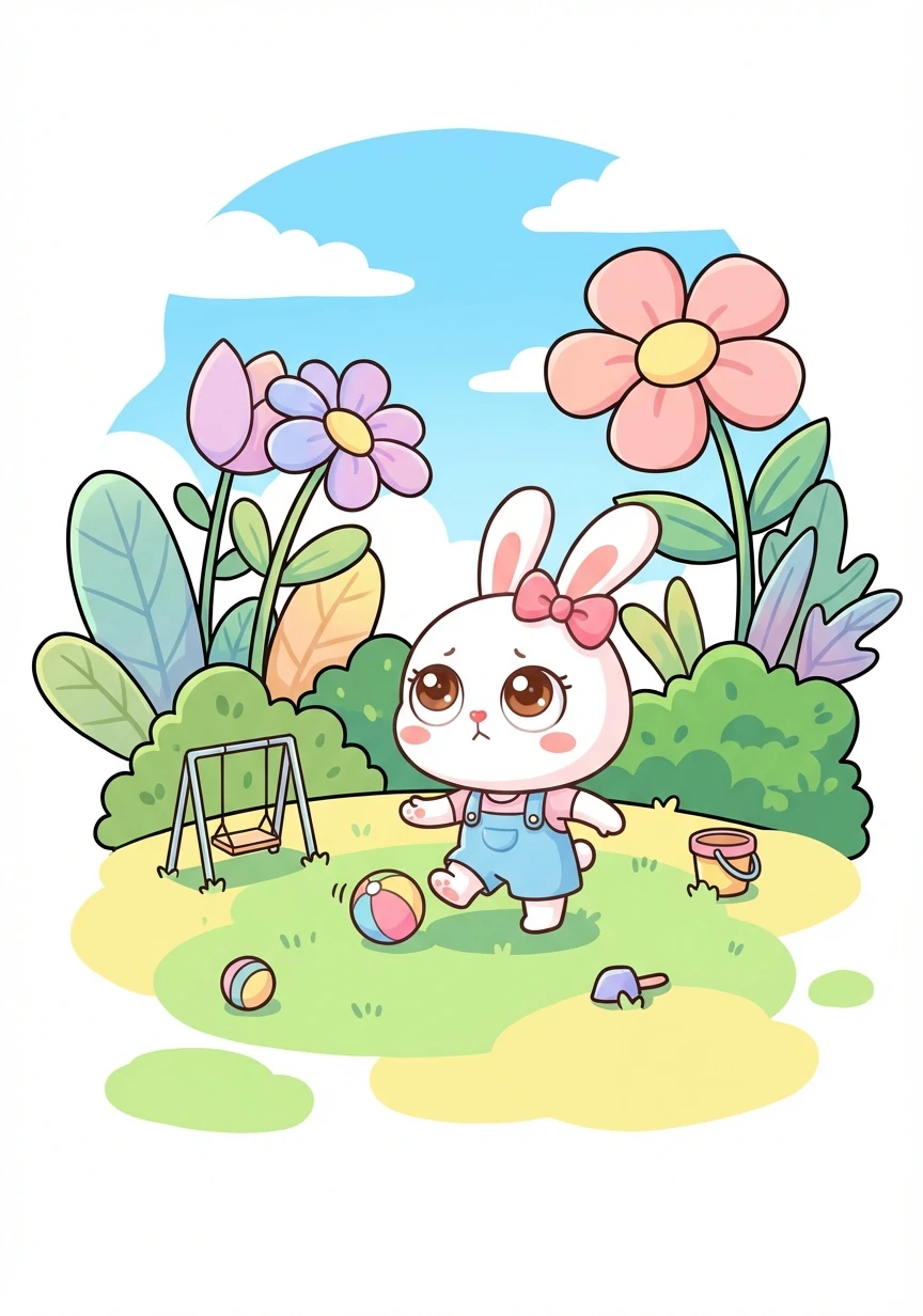在一个阳光明媚的花园里，住着一只名叫小花的兔子。她总是独自玩耍，感到有些孤单。