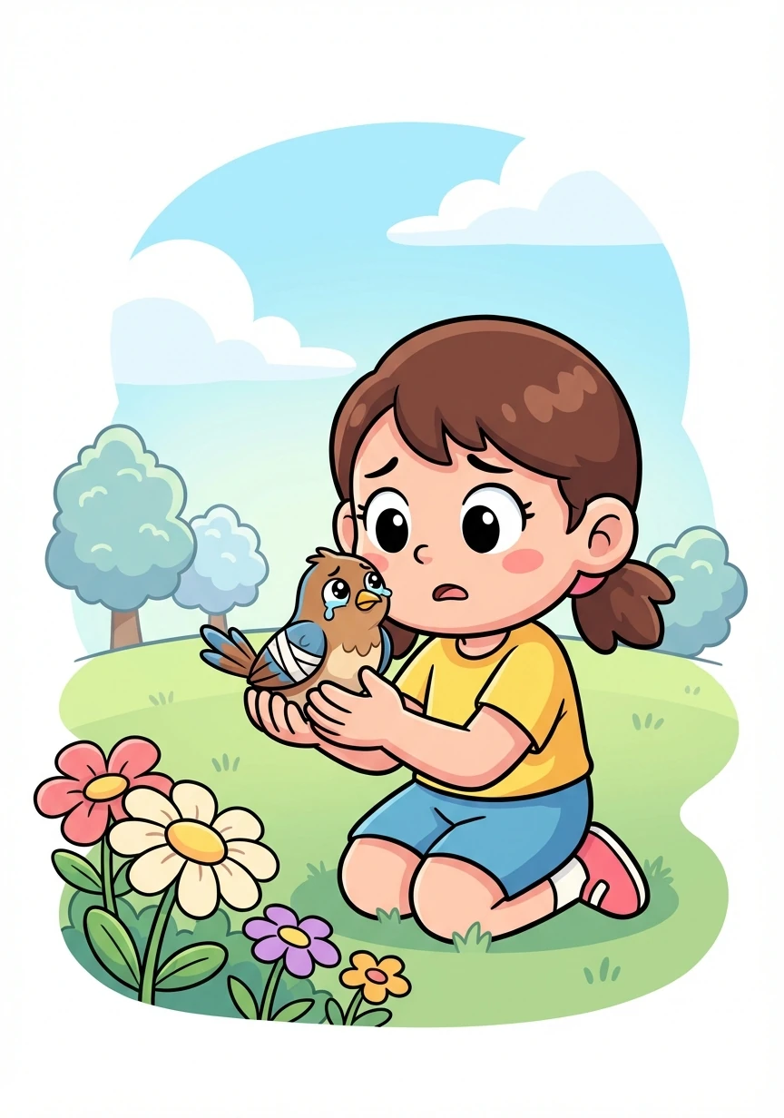 有一天，小花看到一只小鸟翅膀受伤了，正在痛苦地挣扎。小花小心翼翼地把小鸟抱回家。