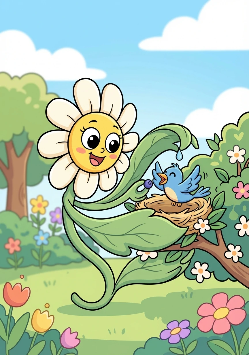 小花用柔软的叶子为小鸟做了一个舒适的窝，并每天喂它食物和水。她悉心照顾着小鸟。