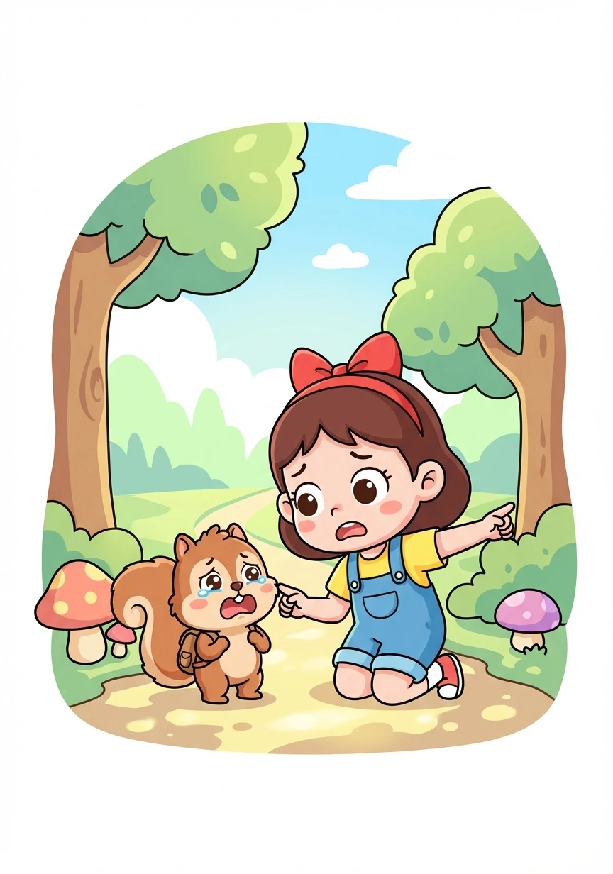 这时，小花发现一只小松鼠迷路了，正在焦急地寻找妈妈。小花决定帮助小松鼠。