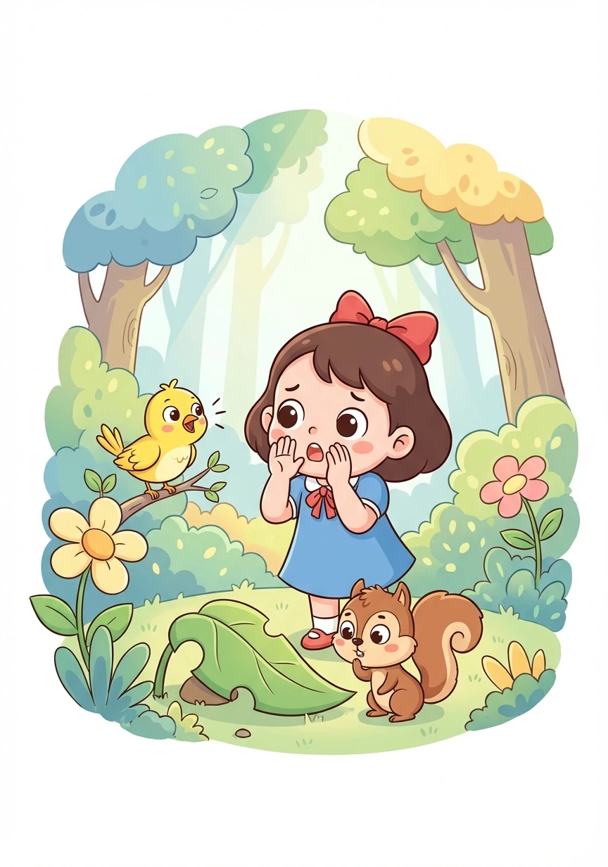 小花和小鸟一起，带着小松鼠在森林里四处寻找。她们一边叫喊着松鼠妈妈的名字，一边仔细观察。