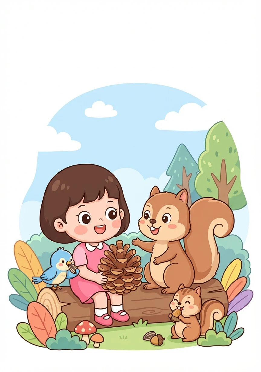 小松鼠的妈妈非常感谢小花的帮助。她邀请小花和小鸟一起分享美味的松果。