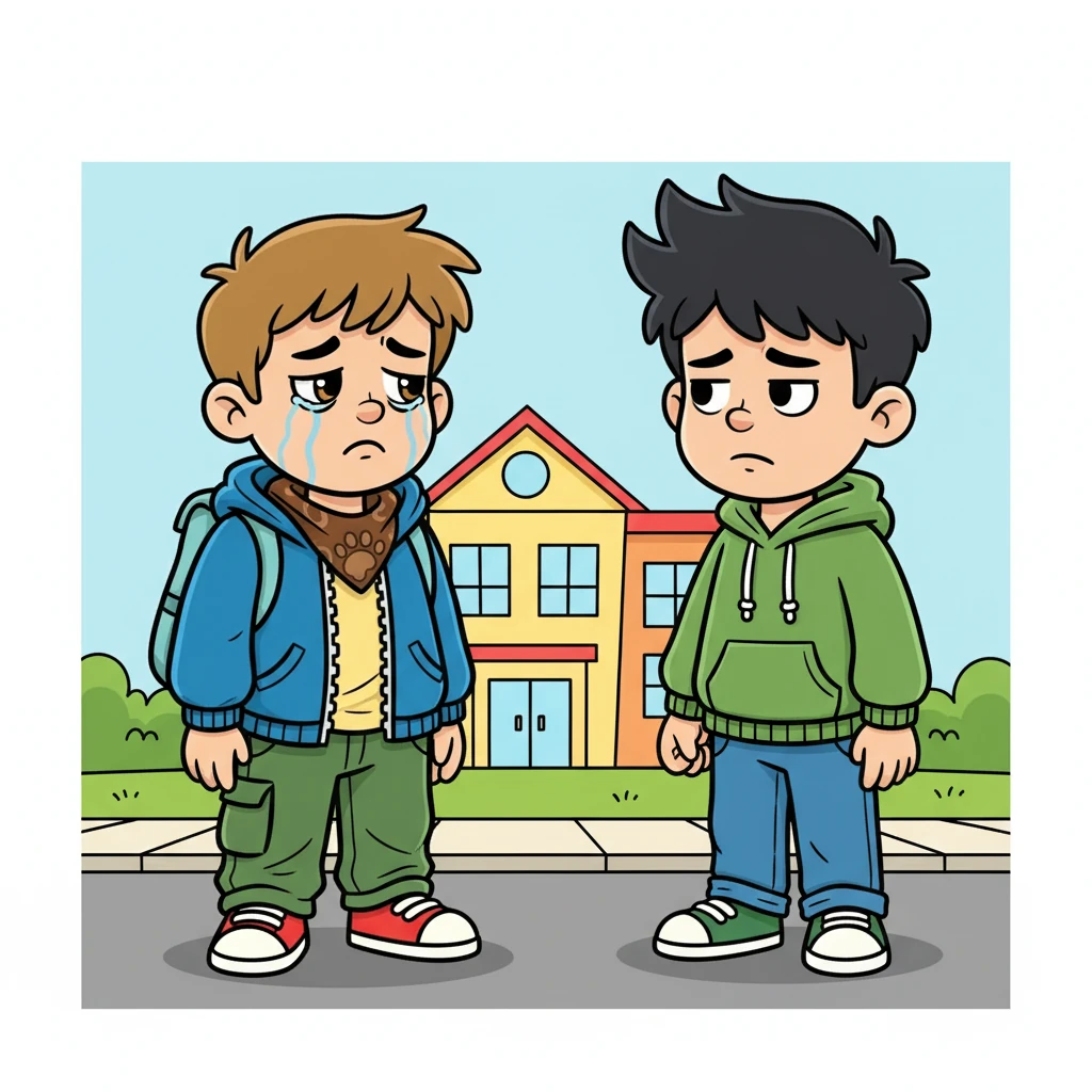 Наступного дня Ігор прийшов до школи з сумним обличчям. Його одяг був пом'ятий, а очі виглядали так, ніби він плакав. Максим підійшов до нього, відчуваючи гнів і співчуття.