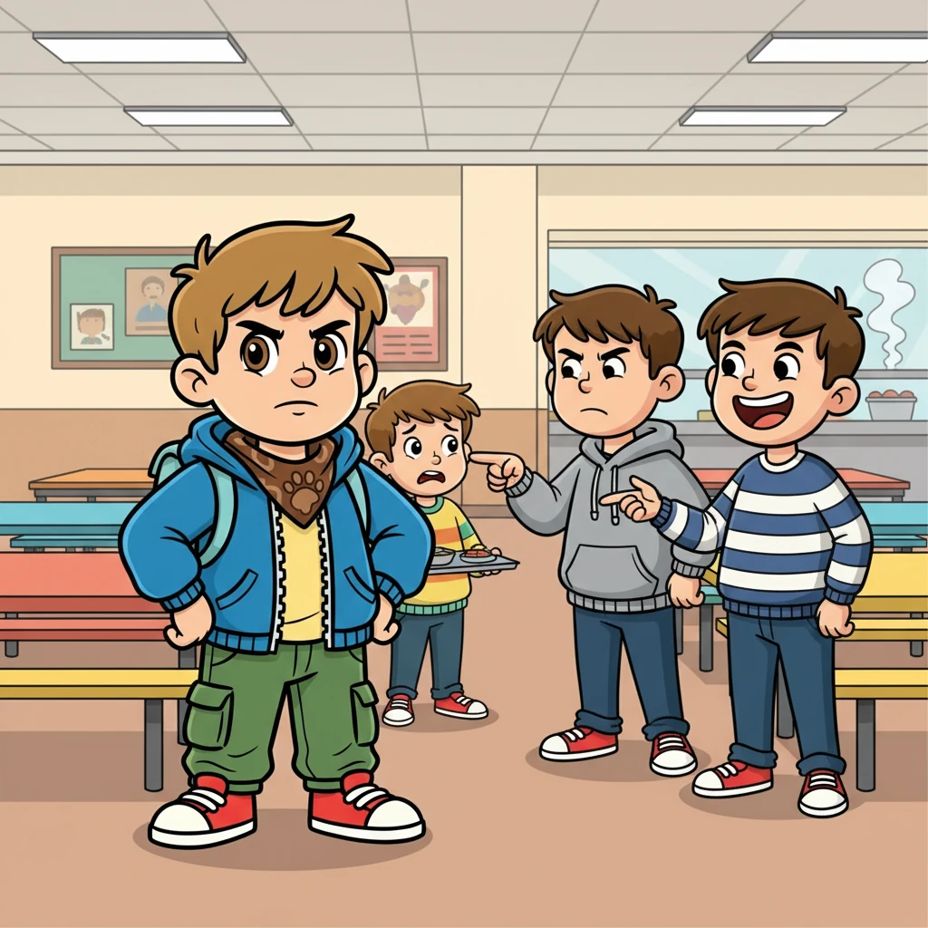 У шкільній їдальні, коли Ігор намагався взяти собі їжу, старші хлопці знову почали глузувати з нього. Максим рішуче підійшов до них та став на захист свого друга, не боячись їхніх насмішок.