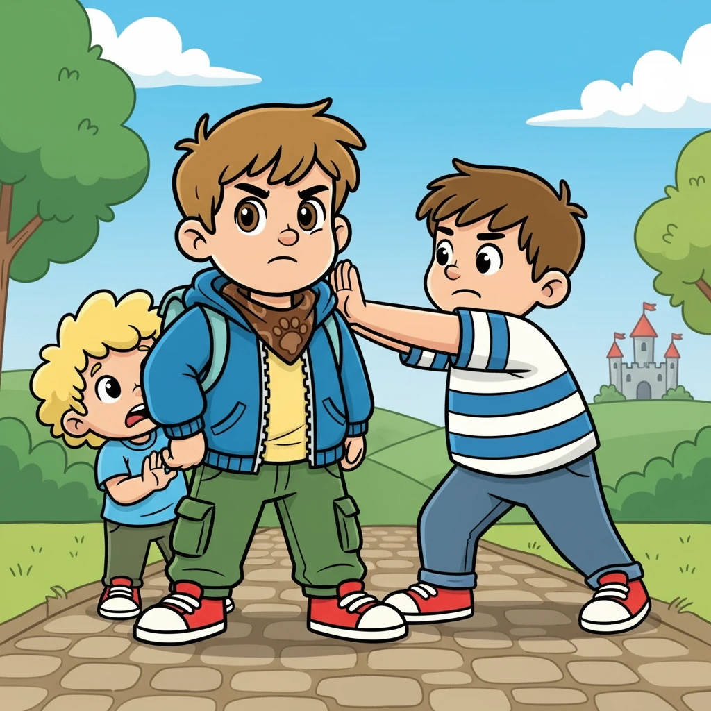 Один з хлопців спробував штовхнути Максима, але той не відступив. Він стояв, як маленька скеля, захищаючи свого друга. Його сміливість вражала.