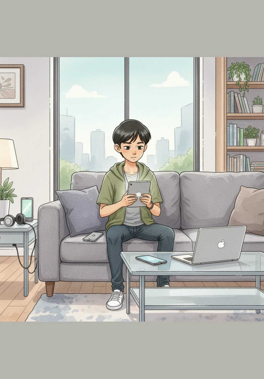 Adam duduk di sofa sambil merenung skrin tabletnya yang terang di ruang tamu yang moden. Di sekelilingnya terdapat pelbagai peranti ICT seperti telefon pintar dan komputer riba yang menjadi alat utamanya untuk berkomunikasi dan mencari maklumat setiap hari.