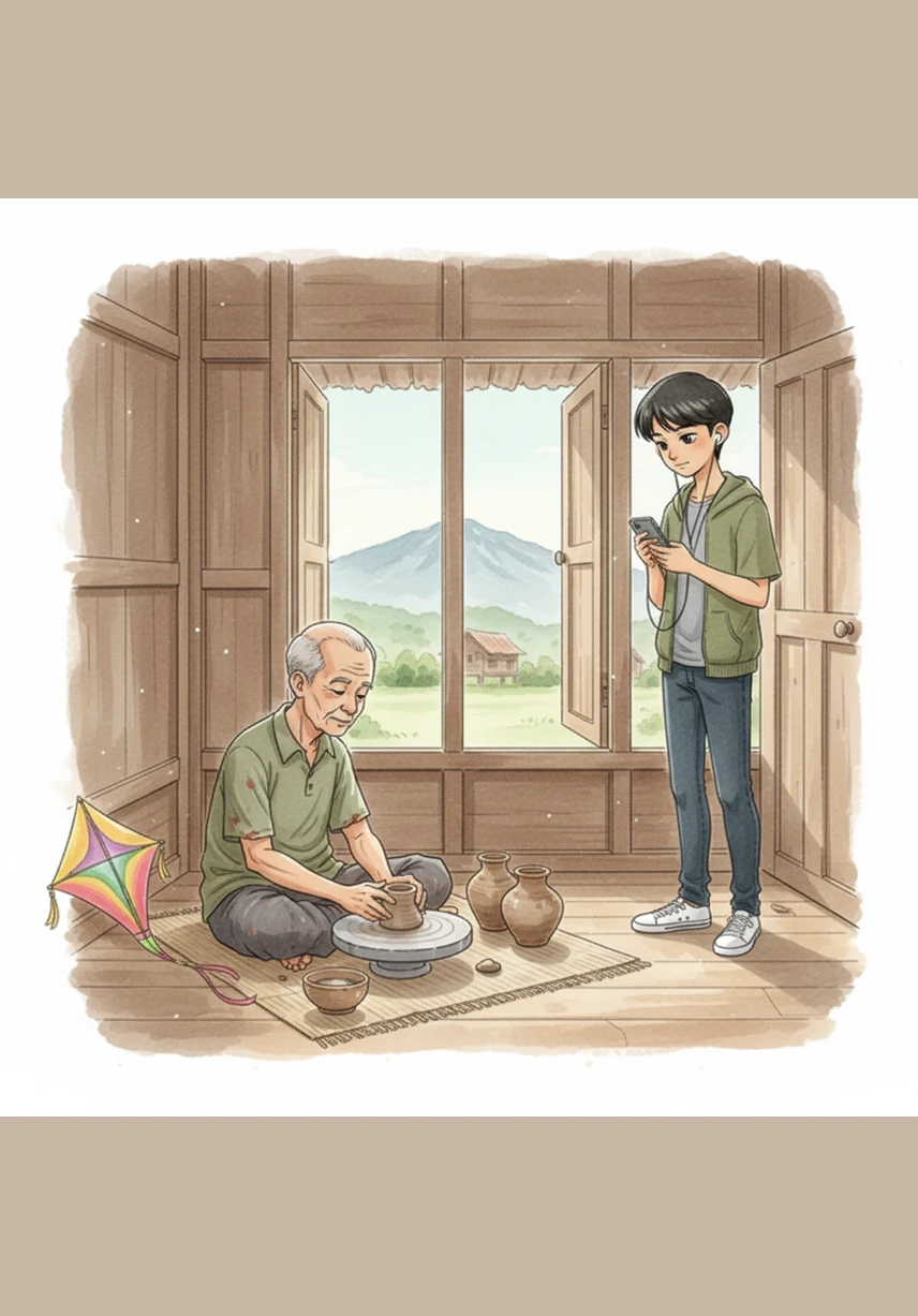 Tok Wan menghampiri Adam dengan membawa sebuah wau bulan yang berwarna-warni, namun Adam hanya mengangguk ringkas tanpa memalingkan wajah dari skrin. Jurang generasi jelas kelihatan apabila Adam lebih tertarik kepada dunia digital berbanding menghargai kebudayaan tempatan yang menjadi nadi kesejahteraan masyarakat.