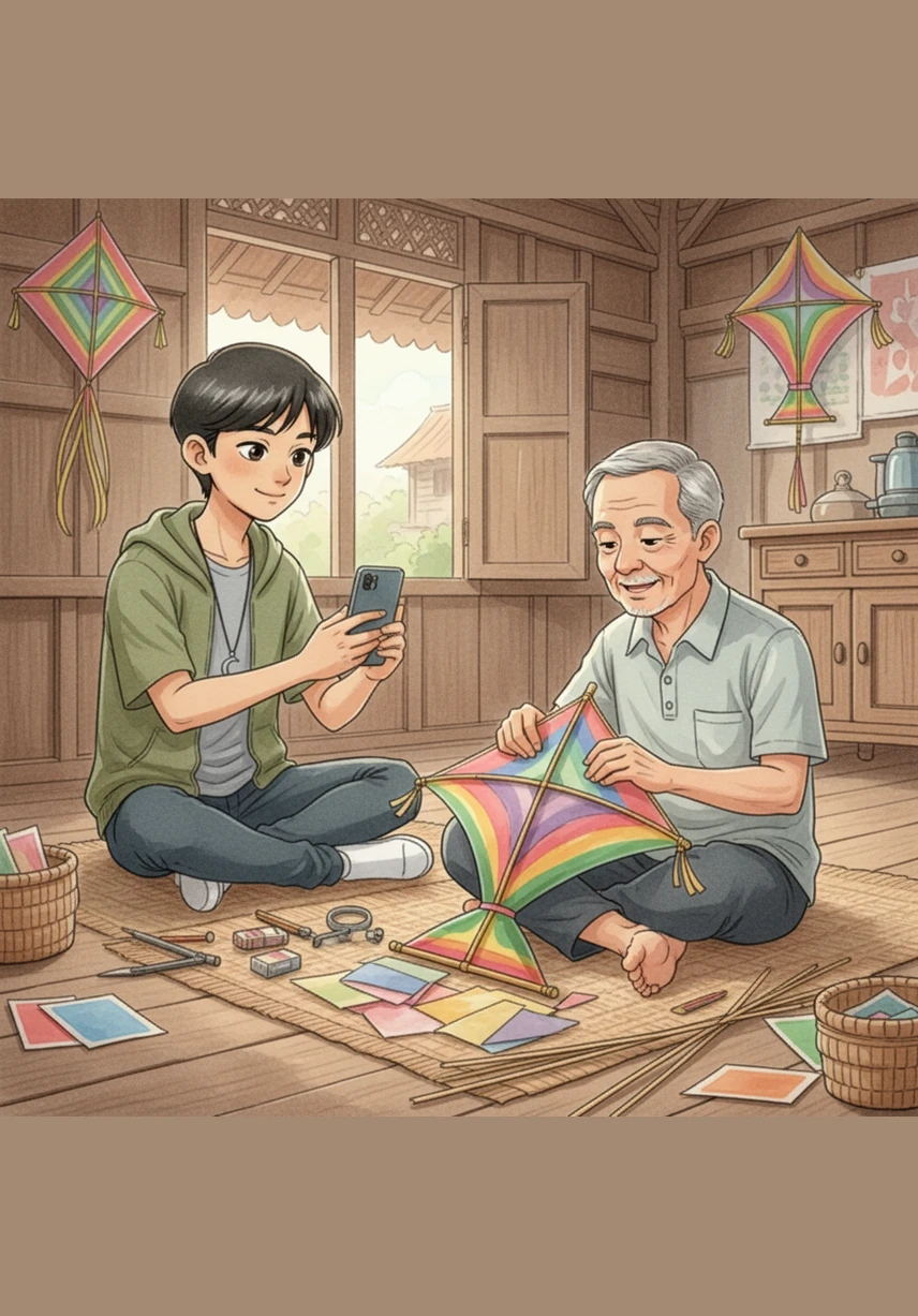 Adam merakam video Tok Wan yang sedang gigih menyiapkan wau tradisional untuk dikongsikan di platform digital sebagai usaha pemeliharaan budaya. Dia berjaya menggabungkan kreativiti moden dengan unsur tradisi, membuktikan bahawa teknologi boleh menjadi jambatan untuk memartabatkan warisan bangsa.