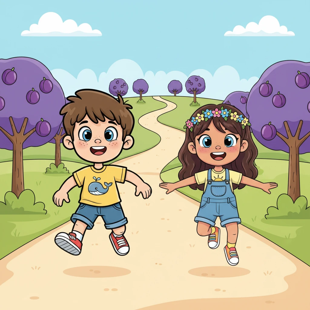 They planned to find a yummy plum, a juicy, purple treat. With a skip and a hop, they ran on their feet, down a dusty little path.