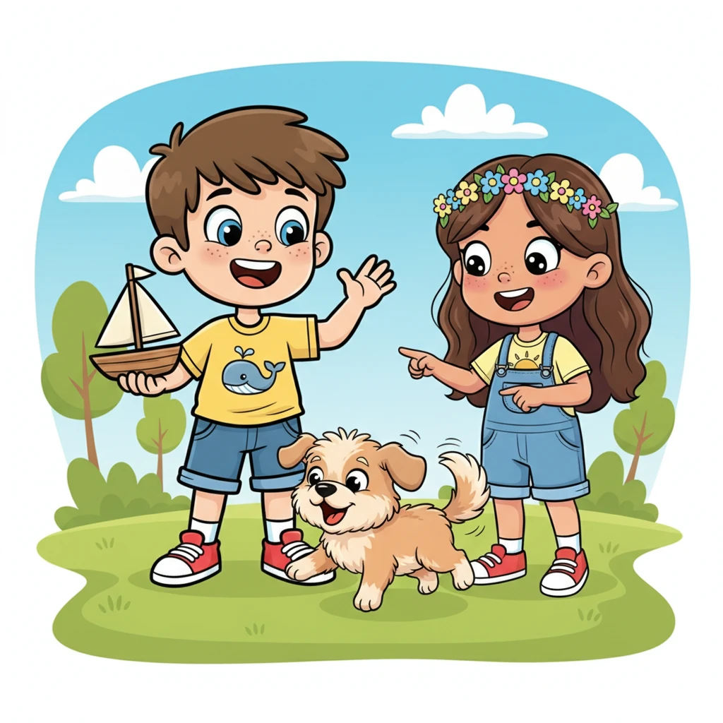 A fluffy pup with a wagging tail gave them a friendly bark. It was a cute little cub, full of spunk and spark, wanting to join their fun.