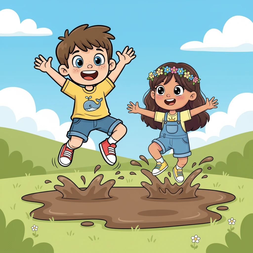 A muddy puddle blocked their path, a bumpy, brown wet spot. Bud did a big jump, Muff followed right on the dot, with a little splash.