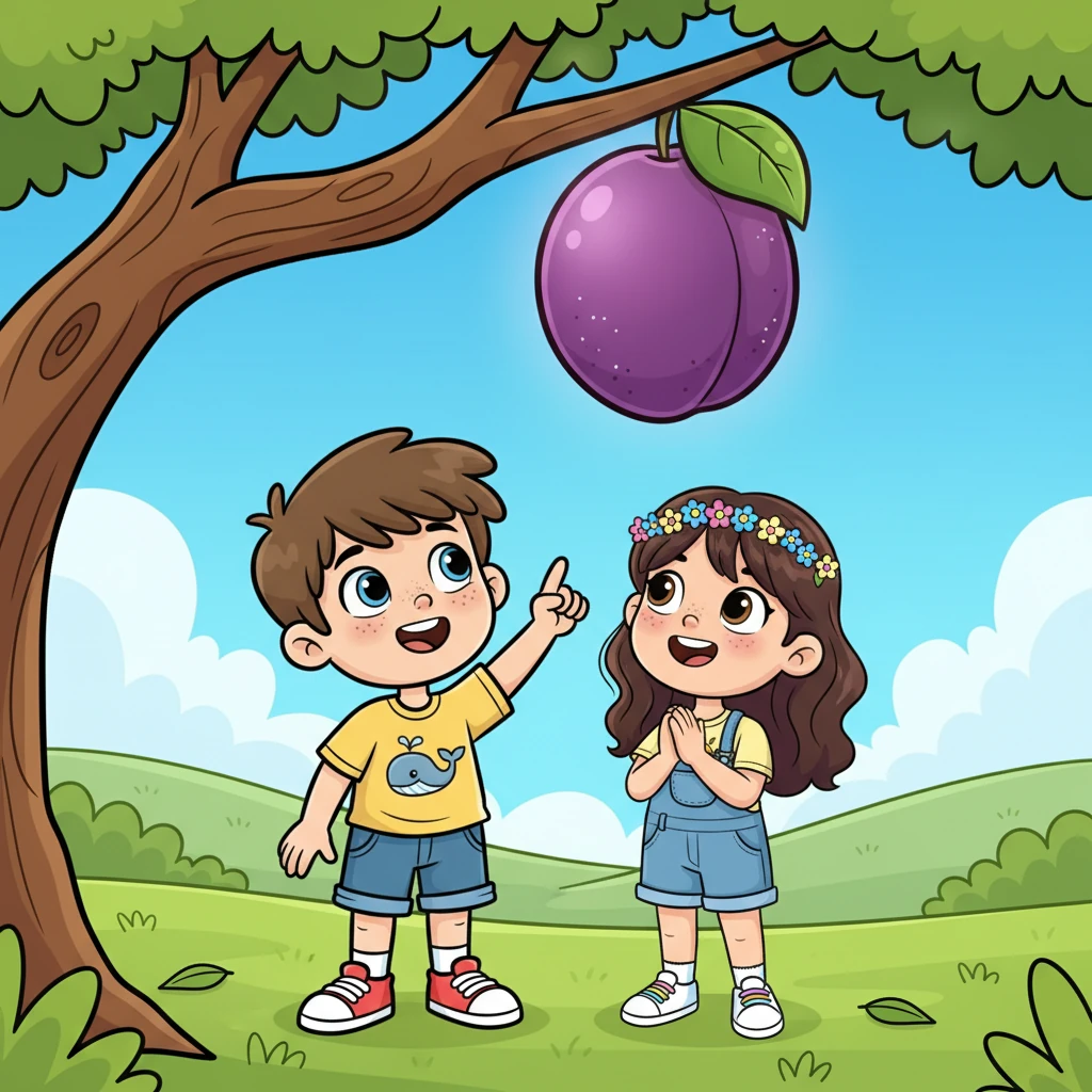Up on a plum tree branch, a big, round fruit did hang. It looked so very yummy, a sweet, fruity tang, high above their heads.