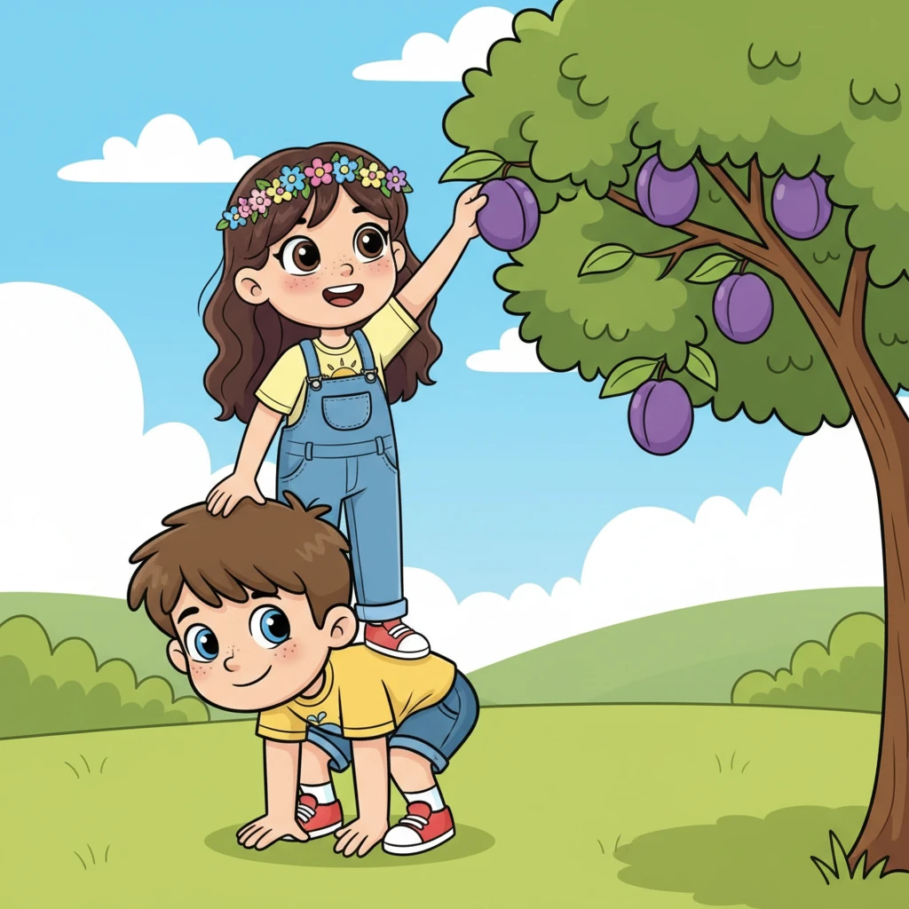 Bud bent his back down low, giving Muff a boost up. She stretched her arm up high, to pluck the purple cup, a yummy plum just for them.