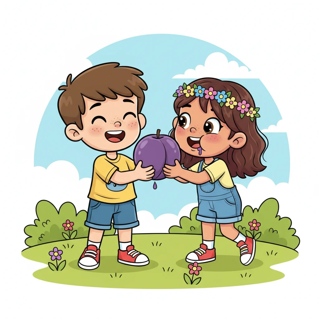 With much luck and a happy grin, they shared the juicy plum. What a super fun treat, for everyone to become yum, taking turns for a bite.