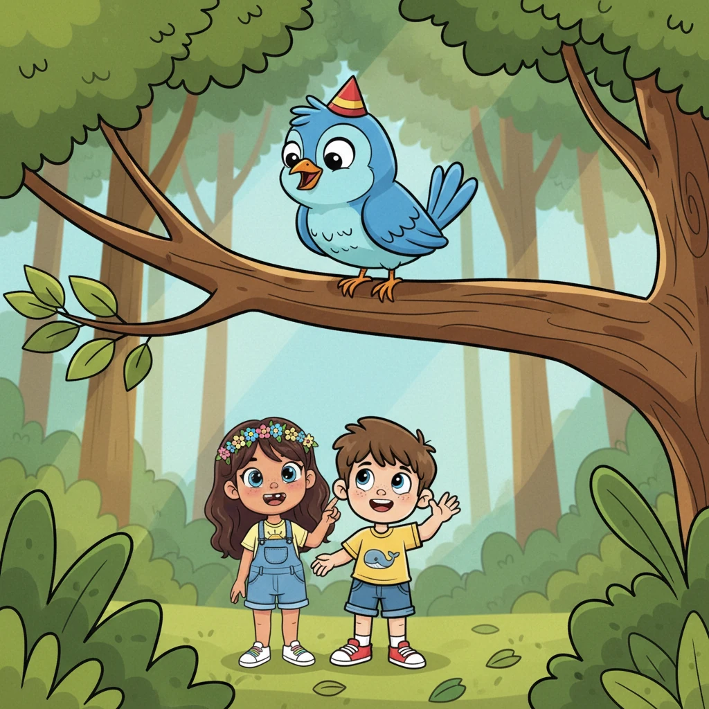 A little bird chirped a tune, sitting on a sturdy branch. It had a tiny red cap, a cute little hunch, watching them with bright eyes.