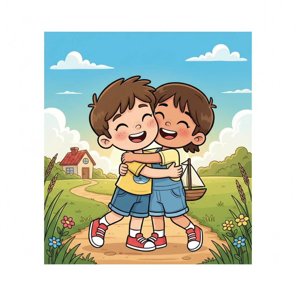 Bud and Muff gave a big hug, full of joy and much fun. Their sunny day adventure, happily done, as they trudged back home.