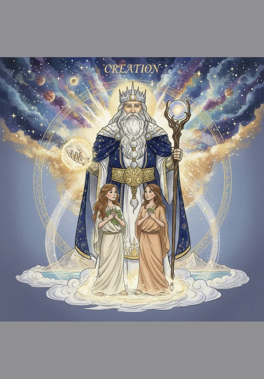 En el principio, Dios creó los cielos y la tierra con un gran estallido de luz y color. El sol comenzó a brillar para iluminar el día, mientras que la luna y miles de estrellas centelleantes decoraban el inmenso cielo nocturno.