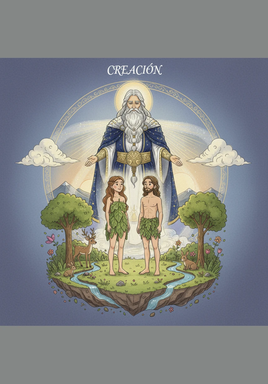 Dios llenó el mundo de vida, creando mares profundos donde nadaban los peces y bosques verdes para todos los animales. Los pájaros de colores volaban alto en el cielo, y Dios vio que todo lo que había hecho era muy bueno.