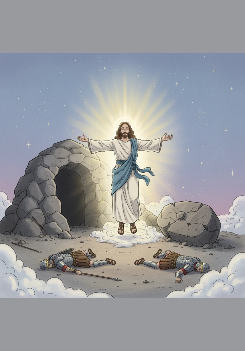 ¡Pero la historia no terminó allí, pues la muerte no pudo detenerlo! Al tercer día, la tumba estaba vacía y Jesús volvió a la vida victorioso, pidiendo a sus amigos que contaran a todos la mejor noticia del mundo.