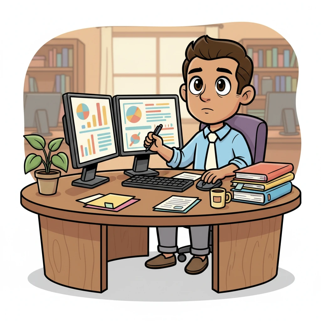Days blurred into weeks, each one a mirror of the last. Leo sat at his desk, surrounded by monitors and documents, a quiet island in a sea of work. His concentration was absolute, his expression earnest, but a gentle melancholy lingered in his simplified, expressive face.