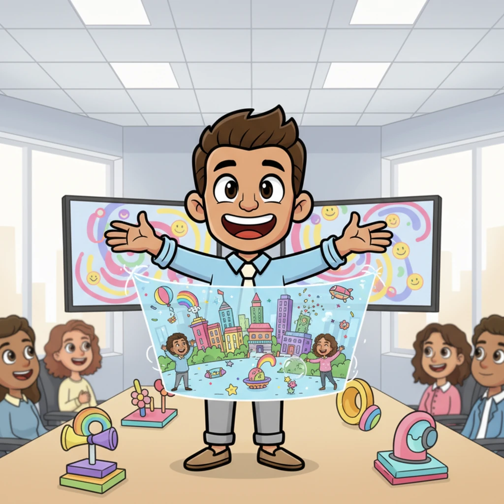 In the brightly lit conference room, the CEO, a character with an impossibly wide smile and sparkling eyes, unveiled the company's grand new vision. They weren't just making widgets anymore; they were embarking on a mission to "inject joy into every household" with fantastical, imaginative creations.