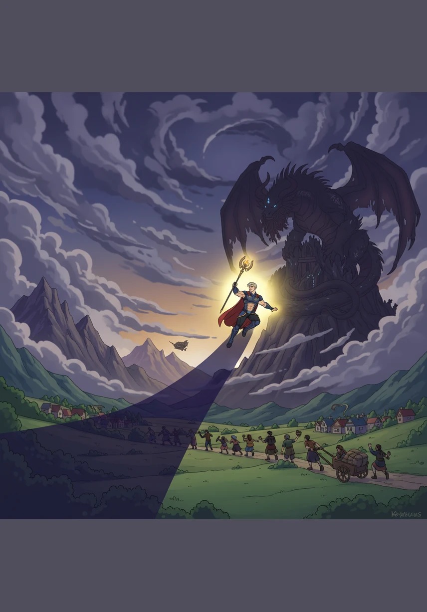 The peaceful atmosphere shattered when a colossal shadow stretched across the valley, blotting out the midday sun. From the jagged peaks of the dark mountains, an ancient dragon descended, its wings beating like thunder as it brought fire to the sky.