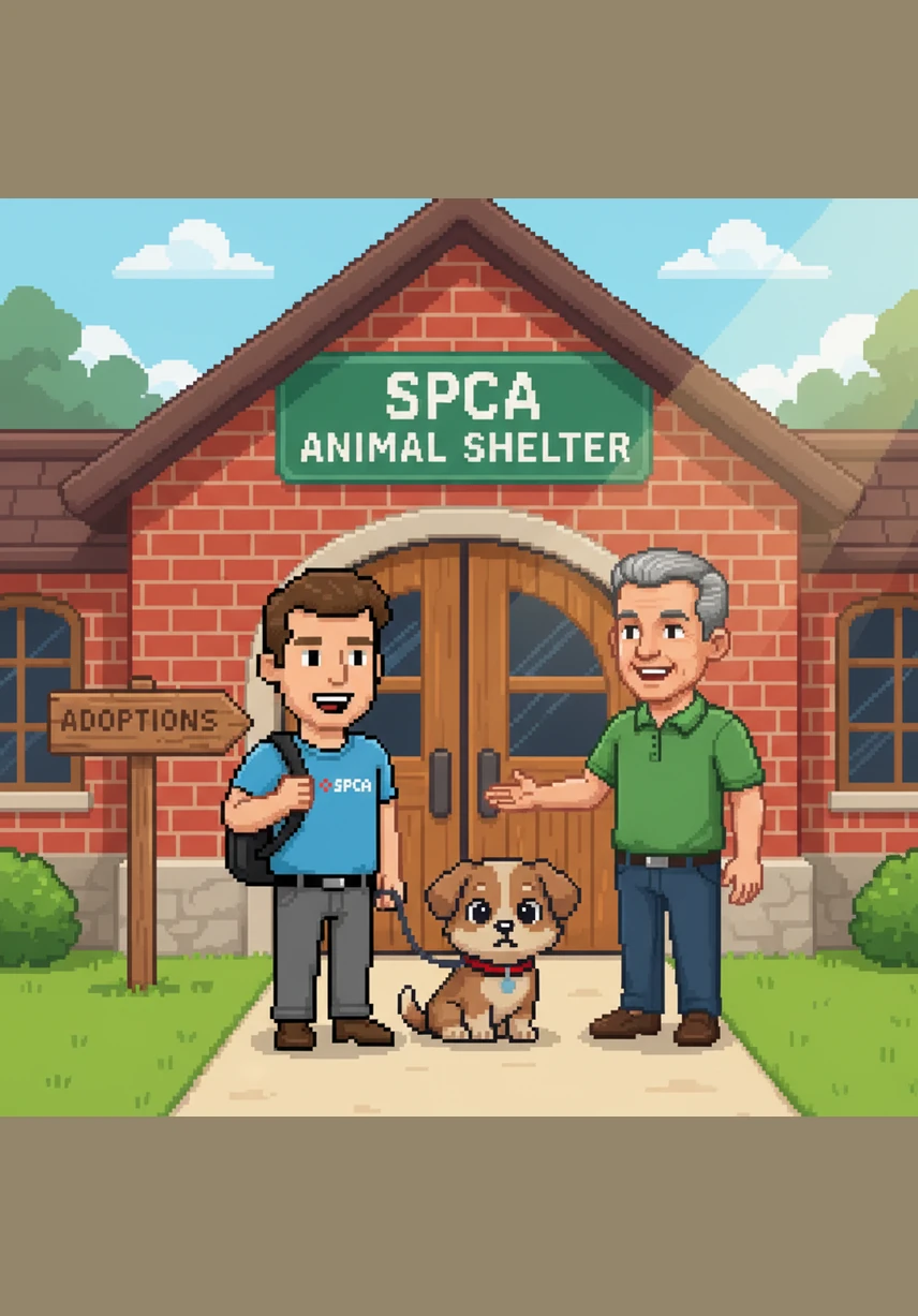 David stands in front of the bright SPCA building on a sunny morning. He feels a little nervous but excited to start his first day as a volunteer. The colorful sign on the door welcomes everyone who wants to help animals.