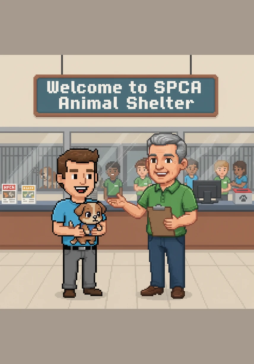 Inside the shelter, a friendly manager shows David where the animals live. He sees rows of cozy cages filled with dogs wagging their tails and cats resting on soft beds. David listens carefully as he learns how to keep the animals safe and happy.