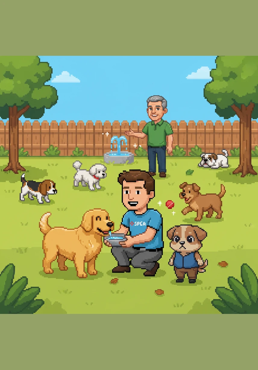 David starts his work by cleaning the cat room to keep it fresh and tidy. He puts down clean blankets and fills water bowls with cool, clear water. A small gray kitten watches him work and lets out a tiny, happy meow.