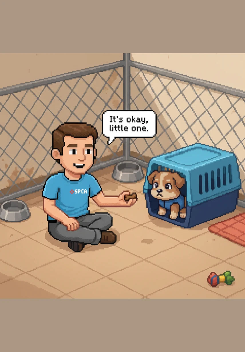 Next, David meets a shy dog named Buddy who is hiding in the corner of his kennel. David sits quietly on the floor and speaks in a soft, calm voice. After a few minutes, Buddy slowly walks over and licks David’s hand.