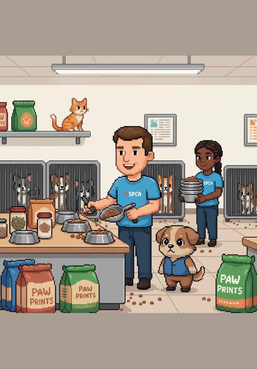 It is lunch time for the animals, and David helps prepare their special meals. He carefully measures the food to make sure every dog and cat gets exactly what they need to stay healthy. The kitchen is busy, but David enjoys the important work.