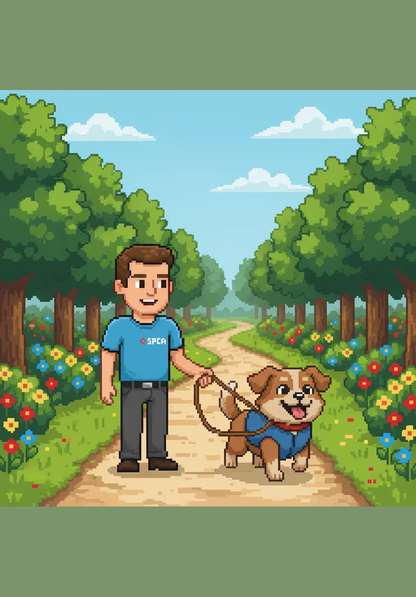 David takes a large, energetic dog outside for a walk in the fresh air. They walk along a path lined with green trees and bright flowers. The dog looks up at David with a big smile and a wagging tail.