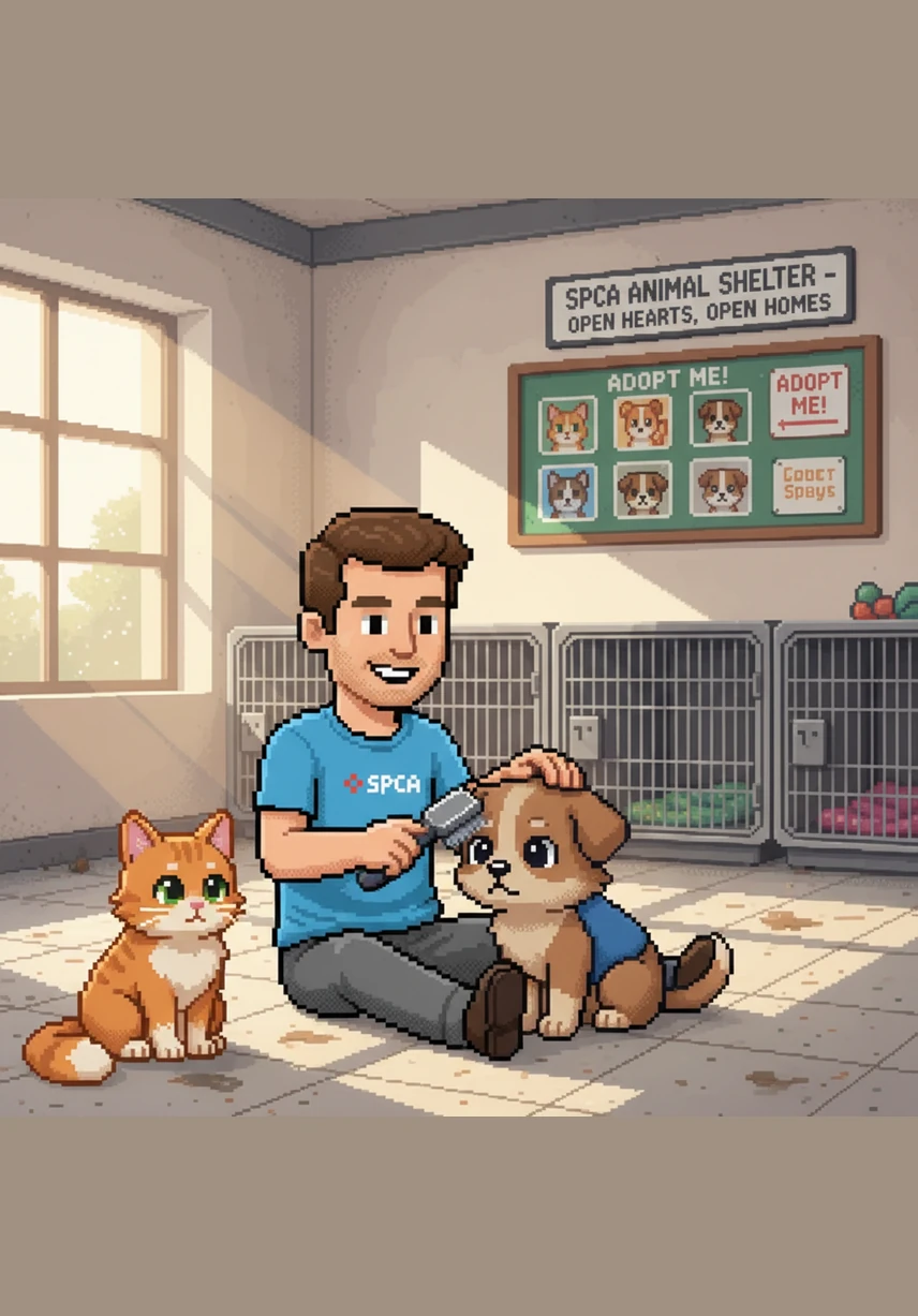 Back inside the shelter, David spends time brushing a long-haired cat. The cat purrs loudly as David gently removes tangles from her soft fur. Helping the animals look their best helps them find new homes faster.