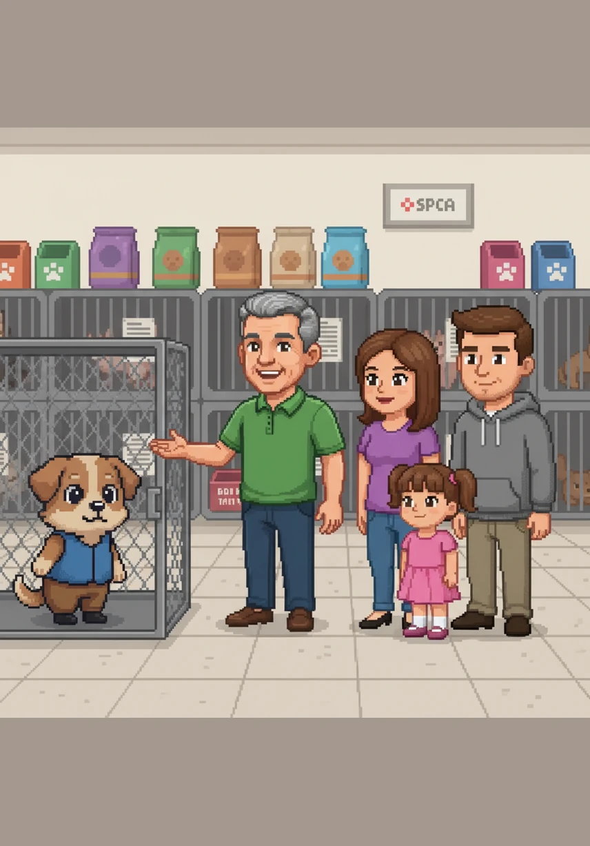 A family visits the shelter looking for a new pet to join their home. David tells them all about how sweet and gentle Buddy the dog has been all day. He feels proud to help the family meet their potential new best friend.